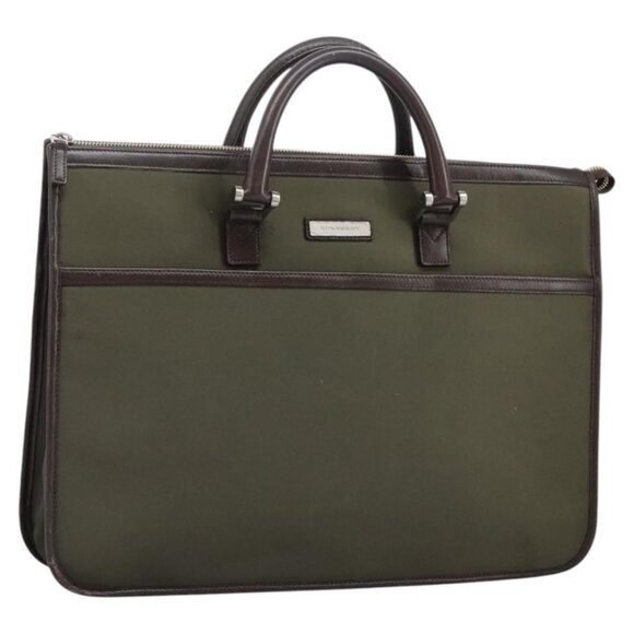 BURBERRY Hand Bag Nylon Leather Khaki Brown Silver Auth - Picture 1 of 16